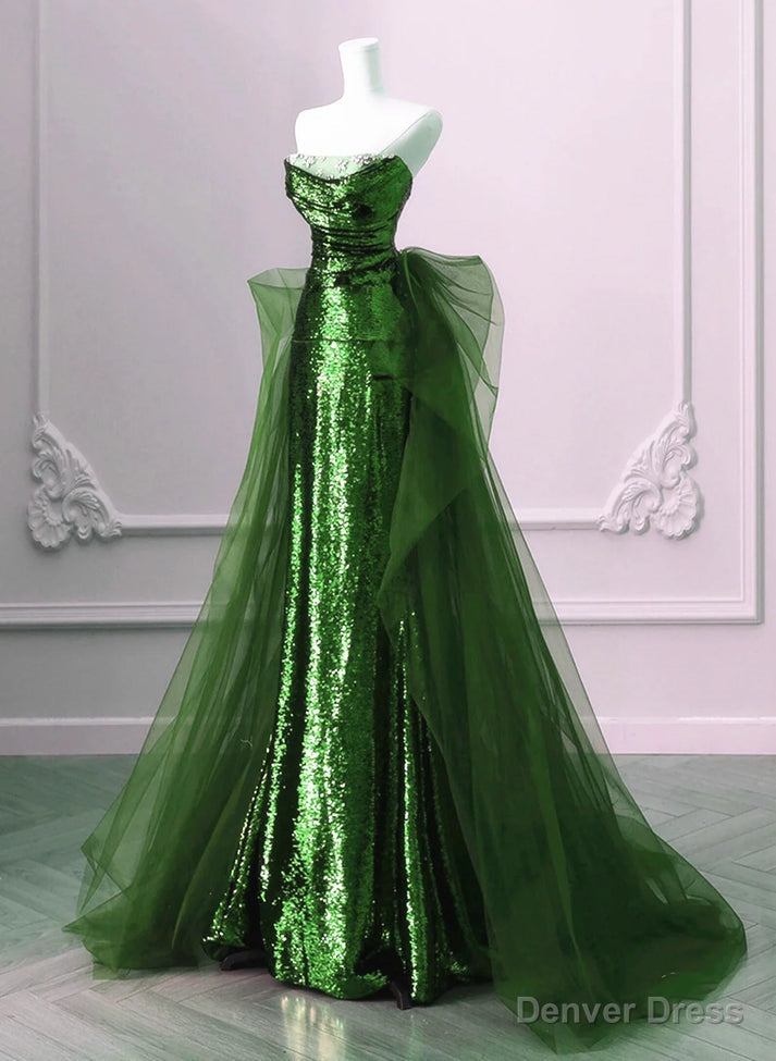 A Line Green Sequins and Tulle Long Prom Dress Green Prom Dress