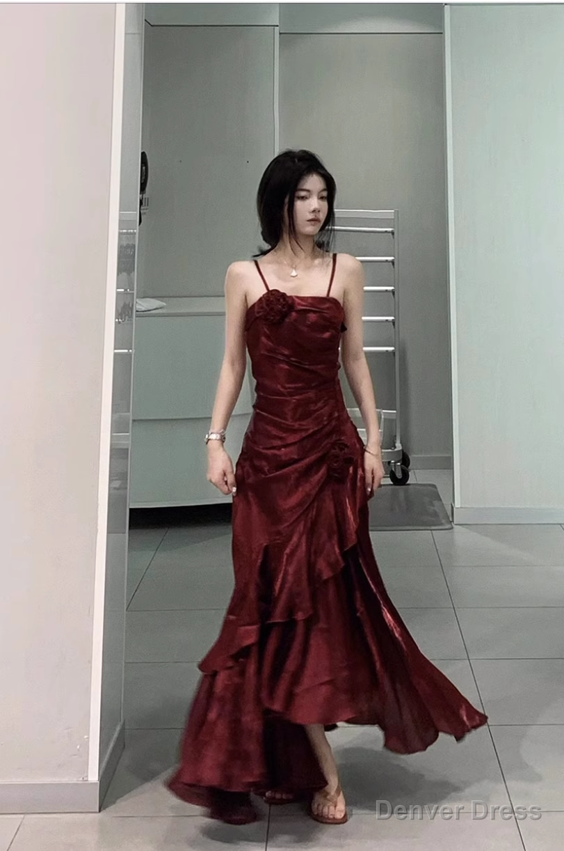Chic High Low Spaghetti Straps Burgundy Long Birthday Dresses Birthday Outfits Secondary image