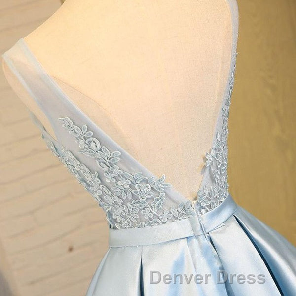 Blue A Line Princess V Neck Backless Appliques Homecoming Dresses