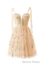 Green Floral Tulle A-line Short Dresses with Tie Shoulders