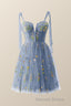 Green Floral Tulle A-line Short Dresses with Tie Shoulders