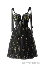 Green Floral Tulle A-line Short Dresses with Tie Shoulders