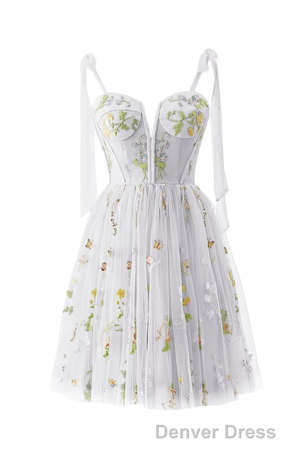 Green Floral Tulle A-line Short Dresses with Tie Shoulders