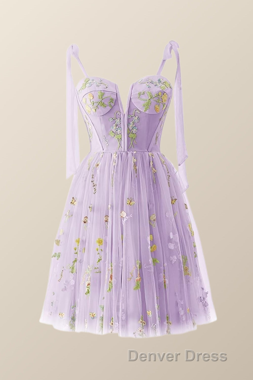 Green Floral Tulle A-line Short Dresses with Tie Shoulders