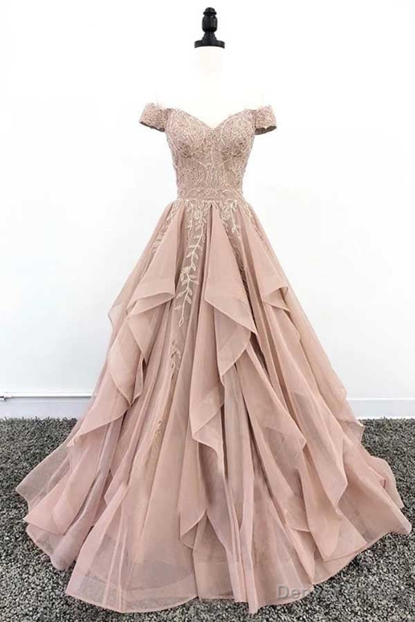 Organza Lace Off Shoulder A-line Cheap Long Prom Dresses