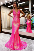 Lavender V Neck Mermaid Prom Dresses, Sparkly Sequined Long Prom Gowns