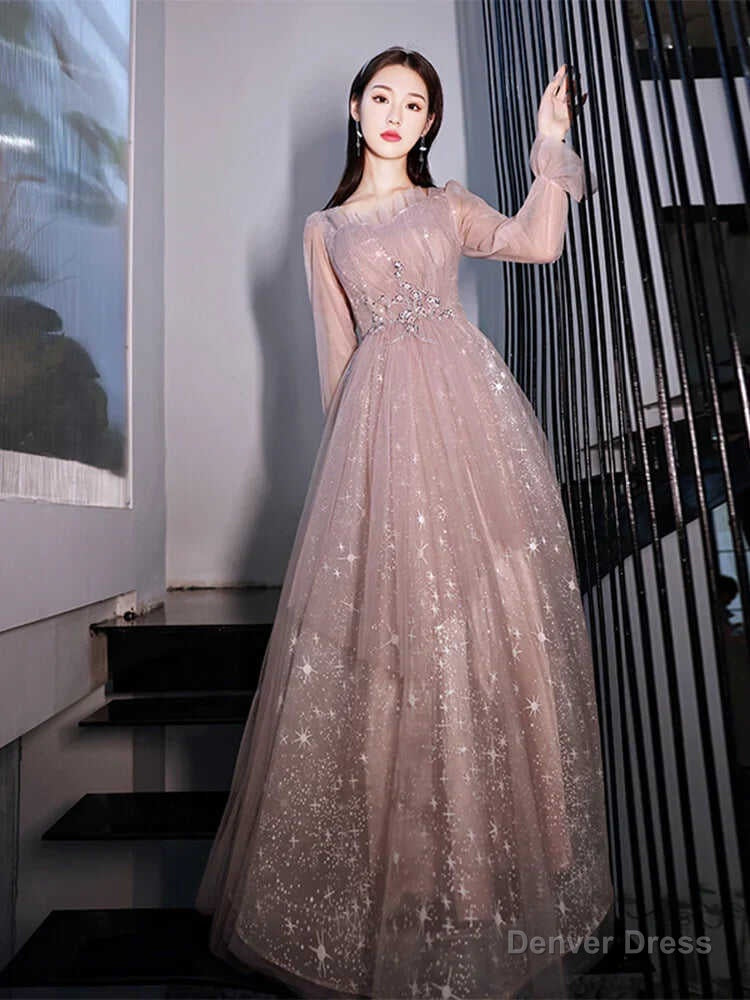 Pink Prom Gown Long Sleeves For Graudation Prom Shiny Star Glitter A Line Floor Length Tulle Women Prom Dresses