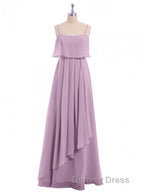 Lavender Chiffon Spaghetti Straps Ruffled A Line Long Dresses