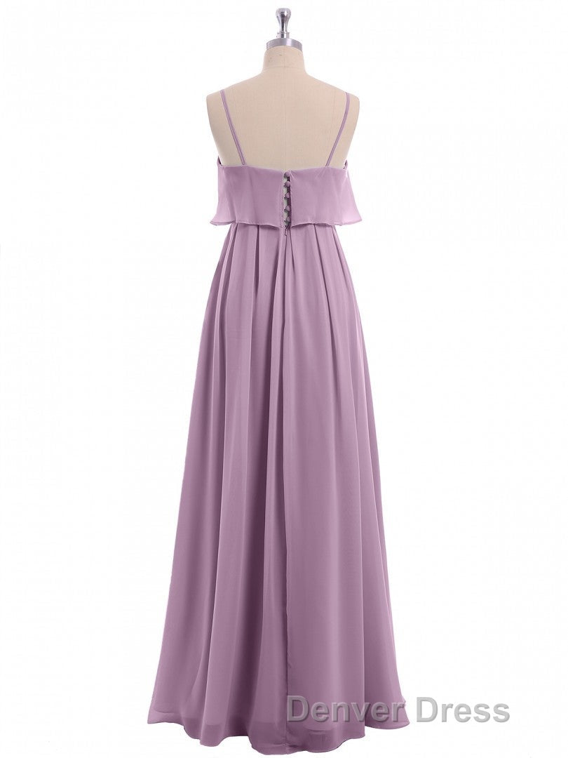 Lavender Chiffon Spaghetti Straps Ruffled A Line Long Dresses