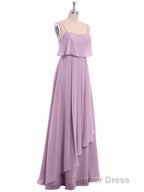 Lavender Chiffon Spaghetti Straps Ruffled A Line Long Dresses