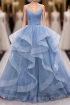 Shiny Blue Tulle A-Line Spaghetti Straps Long Prom Dresses