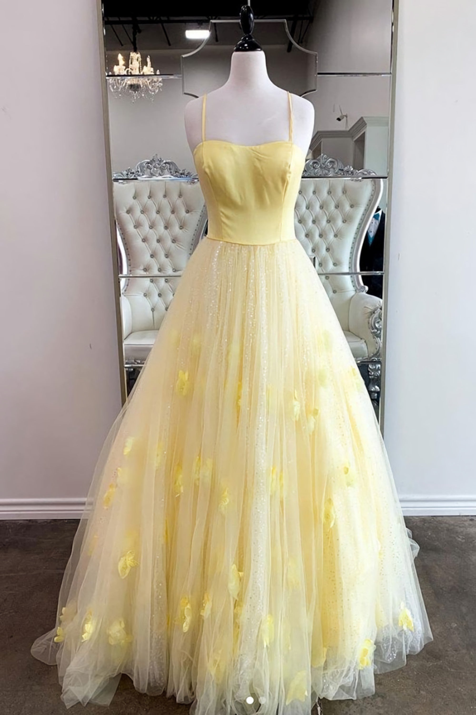 Shiny Yellow Tulle Sequins Long Prom Dress With Thin Straps Yellow Long Prom Dresses