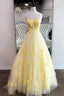 Shiny Yellow Tulle Sequins Long Prom Dress With Thin Straps Yellow Long Prom Dresses