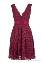 Short V Neck Burgundy Lace Bridesmaid Dresses with Sash