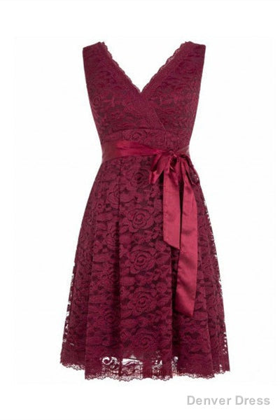 Short V Neck Burgundy Lace Bridesmaid Dresses with Sash Main image