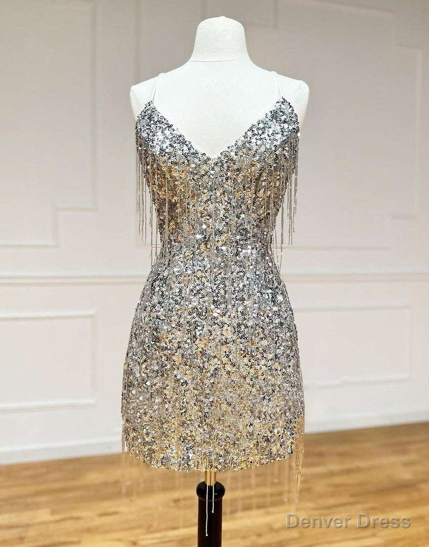 Silver V-Neck Glitter Sequin Homecoming Dress With Tassel Main image