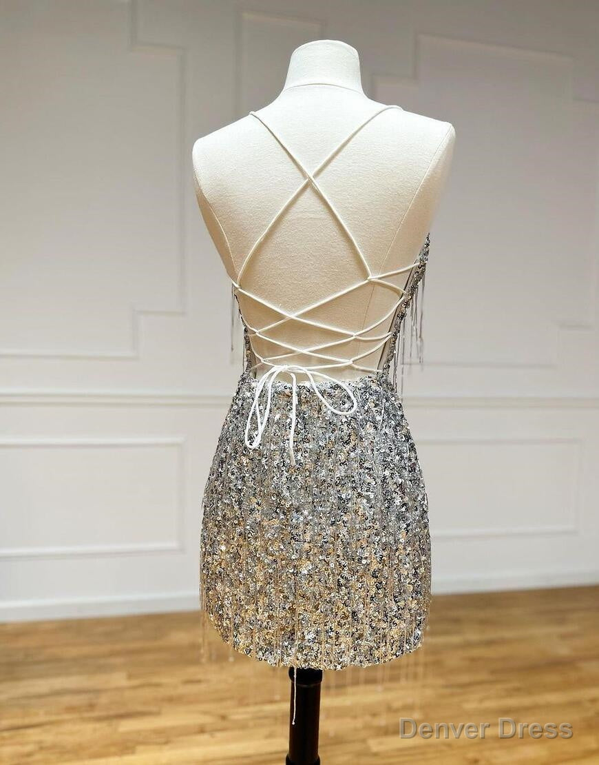Silver V-Neck Glitter Sequin Homecoming Dress With Tassel Secondary image