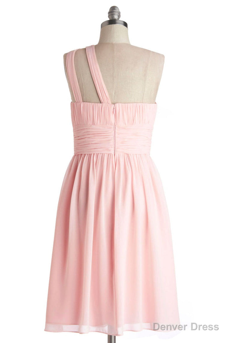 Simple A Line One Shoulder Short Pink Chiffon Bridesmaid Dresses Secondary image
