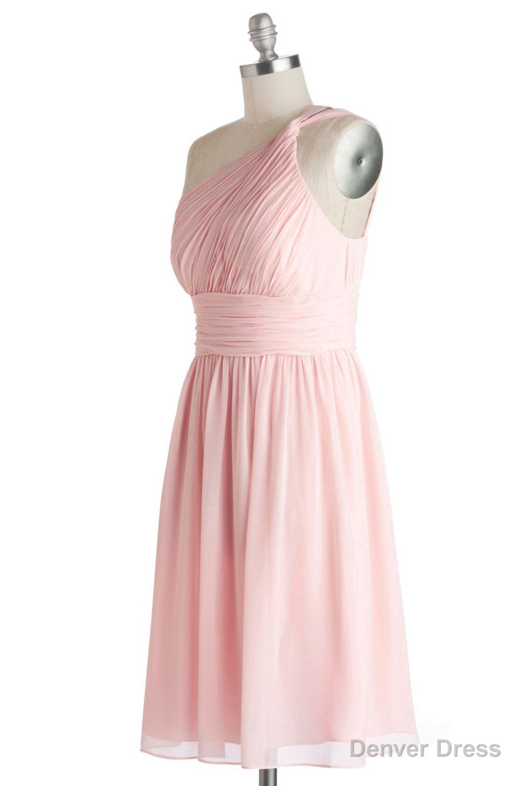 Simple A Line One Shoulder Short Pink Chiffon Bridesmaid Dresses