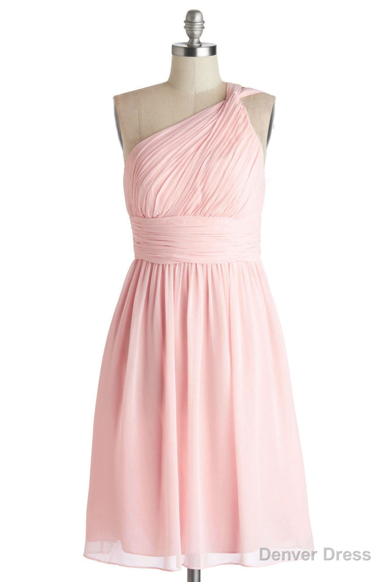 Simple A Line One Shoulder Short Pink Chiffon Bridesmaid Dresses