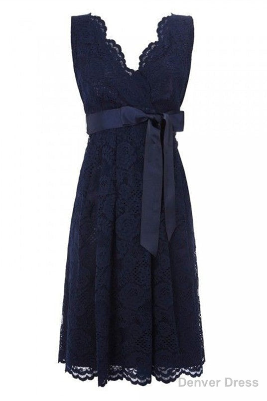 Simple V Neck Short Lace Navy Blue Bridesmaid Dresses with Sash Main image