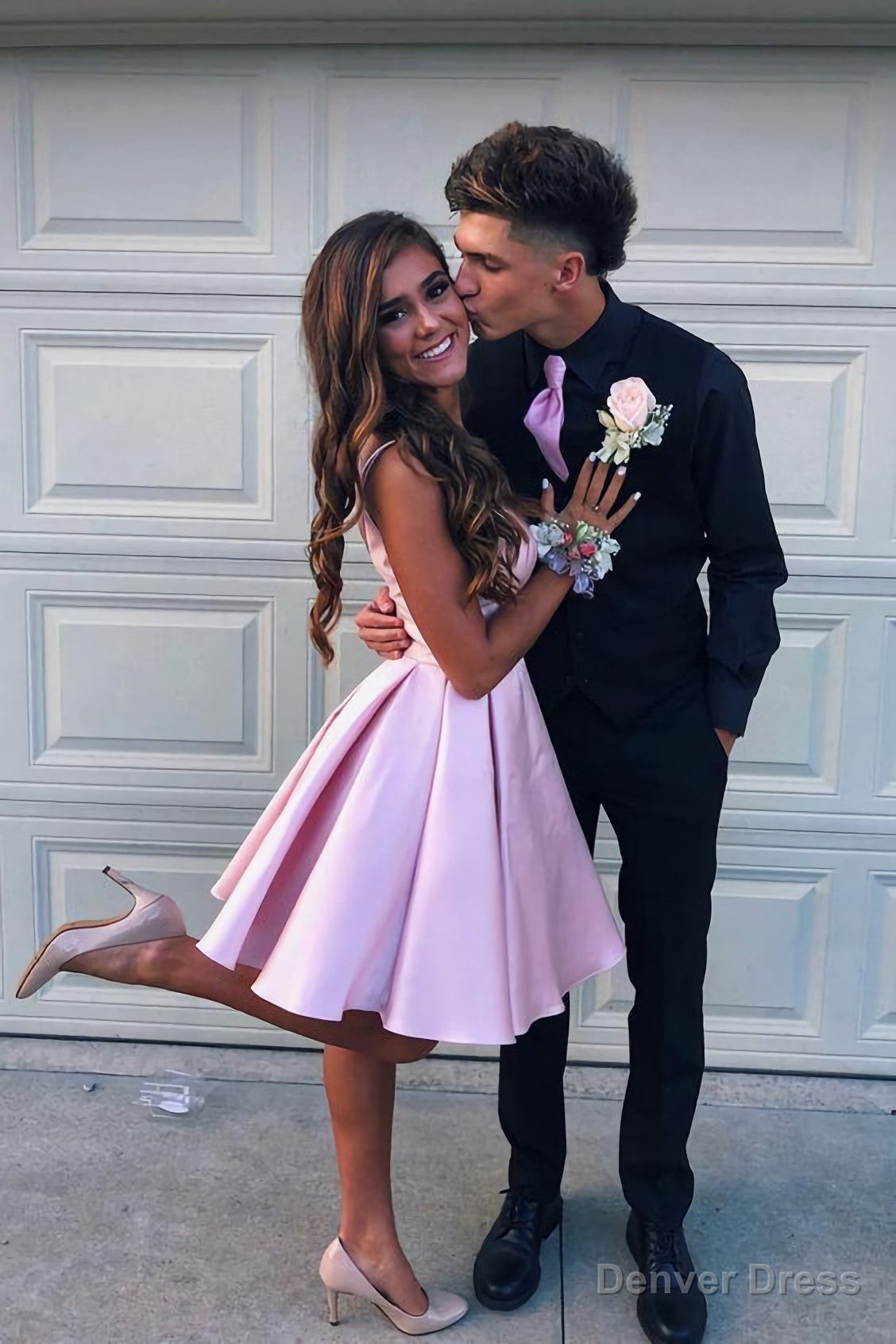 Simple V Neck Straps Short Pink Homecoming Dress, Backless Satin Sweet 16 Dresses Main image