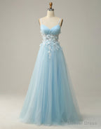 Sky Blue A Line Spaghetti Straps Tulle Prom Dresses With 3D Appliques