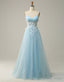 Sky Blue A Line Spaghetti Straps Tulle Prom Dresses With 3D Appliques
