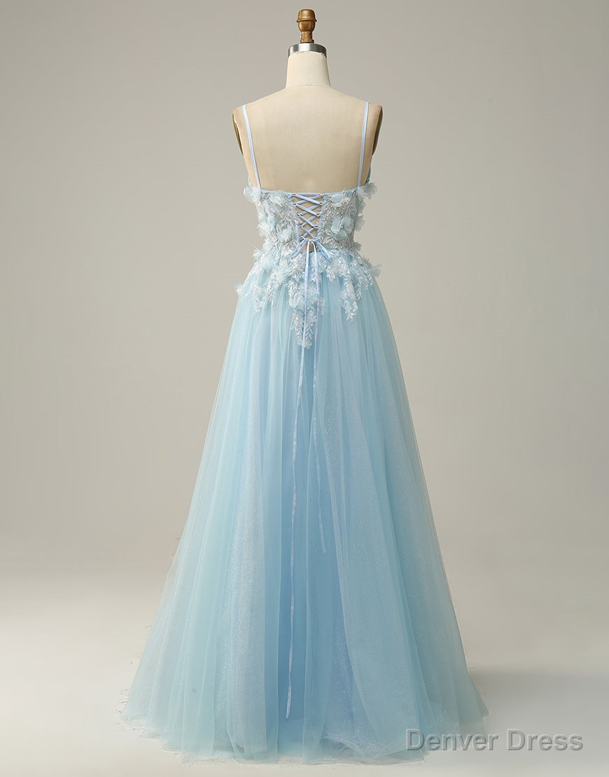 Sky Blue A Line Spaghetti Straps Tulle Prom Dresses With 3D Appliques Secondary image