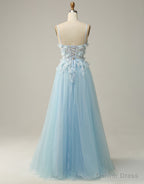 Sky Blue A Line Spaghetti Straps Tulle Prom Dresses With 3D Appliques