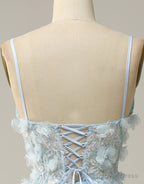 Sky Blue A-Line Spaghetti Straps Tulle Prom Dress With 3D Appliques