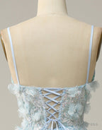 Sky Blue A Line Spaghetti Straps Tulle Prom Dresses With 3D Appliques