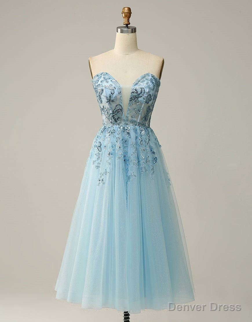 Sky Blue A-Line Tea Length Strapless Party Dress With Beading Secondary image