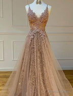 modest tulle V Neck A Line long lace prom Dresses Prom Gown