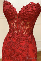 Strapless Sweetheart Neck Mermaid Red Lace Long Prom Dress, Mermaid Red Lace Prom Dress, Red Lace Prom Dresses