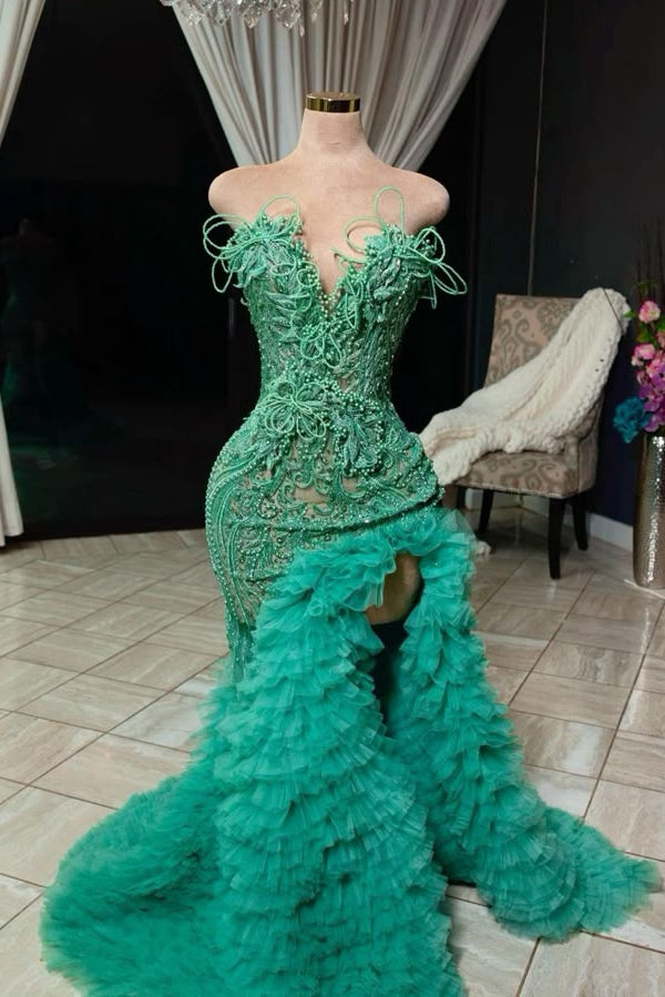 Stunning Green Sweetheart High Split Ruffles Mermaid Floor Length Prom Dresses