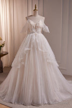 Elegant Tulle Spaghetti Straps Ball Gowns Wedding Dresses with Beads