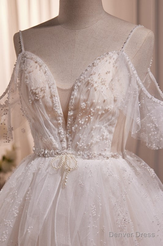 Elegant Tulle Spaghetti Straps Ball Gowns Wedding Dresses with Beads