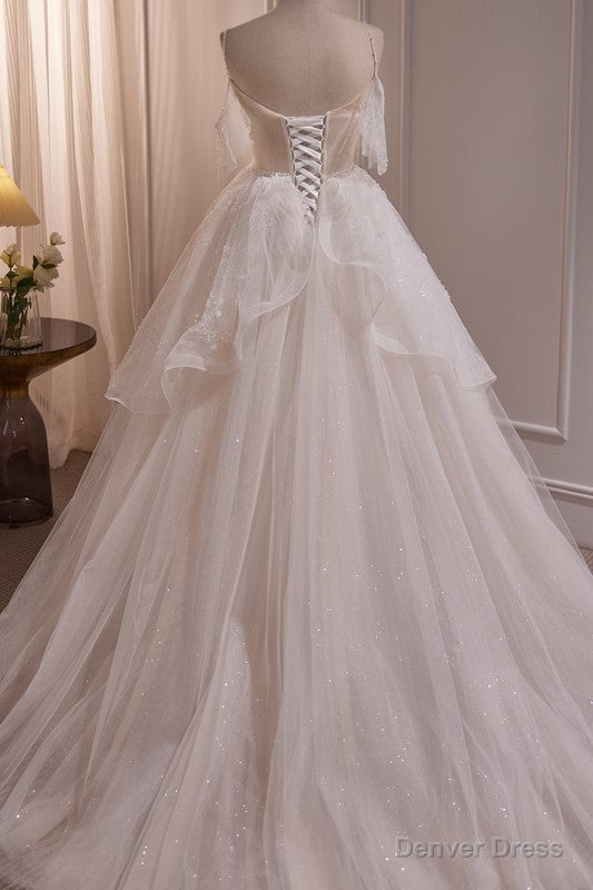 Elegant Tulle Spaghetti Straps Ball Gowns Wedding Dresses with Beads