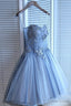 Sweetheart Strapless Homecoming Dresses, Beads Blue Lace Up Tulle Short Prom Dresses