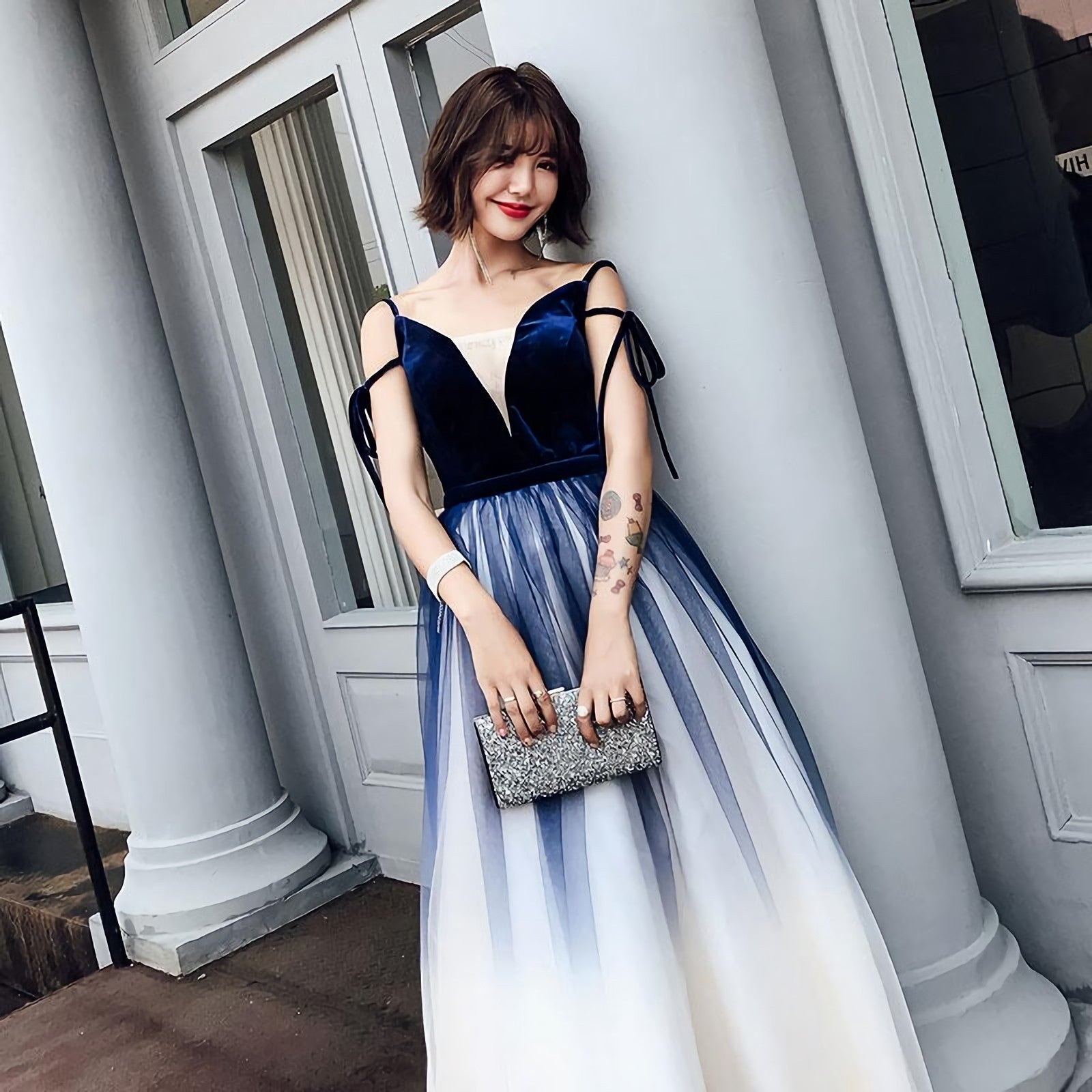 Unique Burgundy V Neck Long Prom Dress