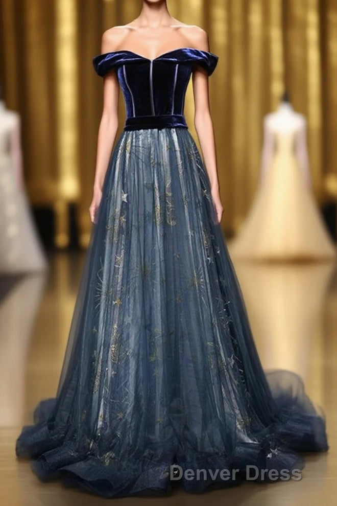 Elegant Off the Shoulder Velvet Floor Length Long Evening Dresses Prom Dresses Main image