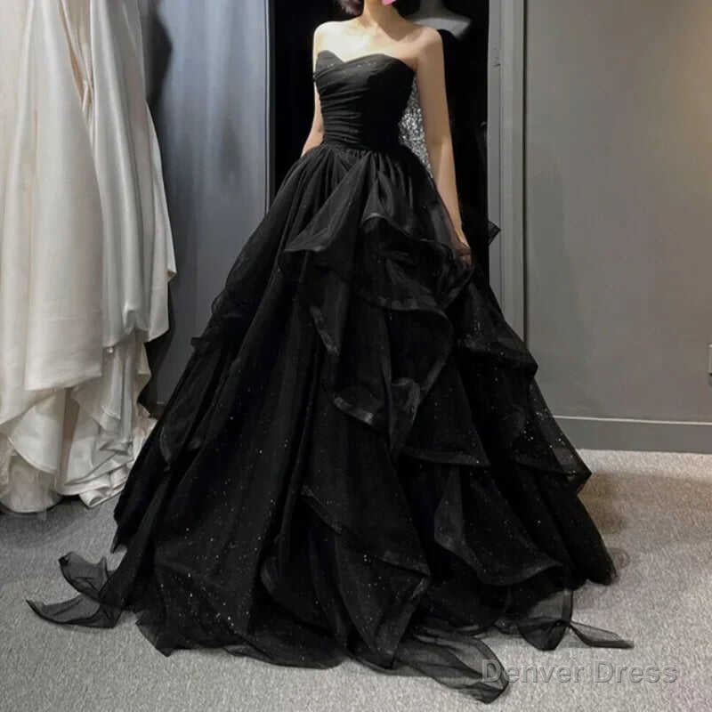Black Elegant Prom Dress Strapless Tiered Draped Ball Gowns Prom Dresses Women Robe