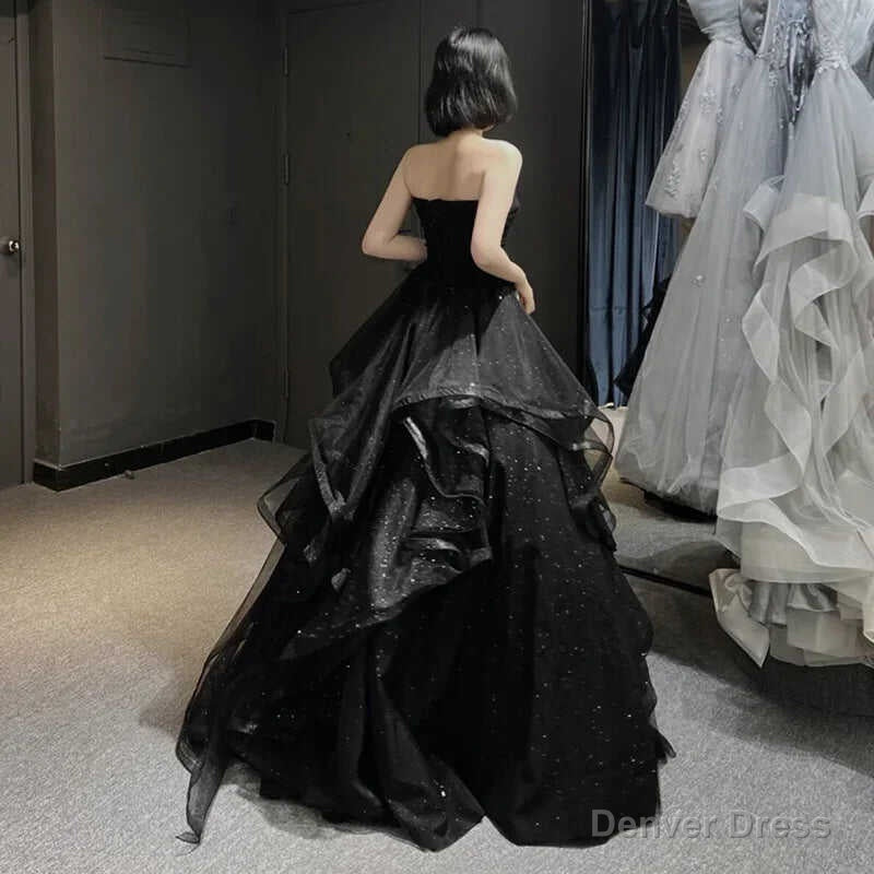 Black Elegant Prom Dress Strapless Tiered Draped Ball Gowns Prom Dresses Women Robe