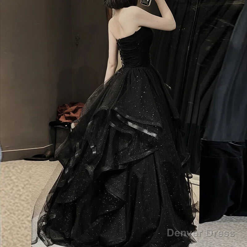 Black Elegant Prom Dress Strapless Tiered Draped Ball Gowns Prom Dresses Women Robe