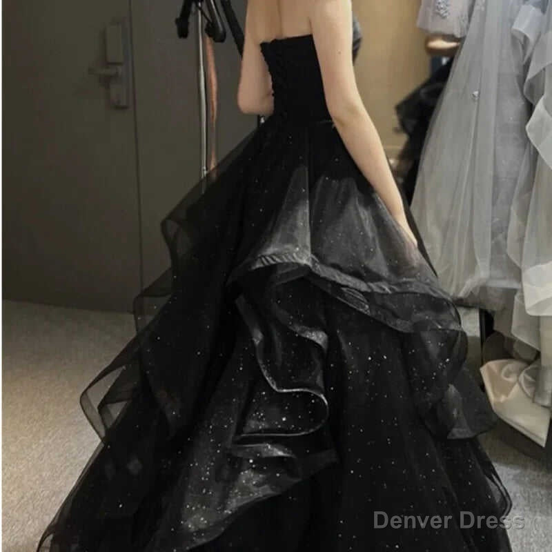 Black Elegant Prom Dress Strapless Tiered Draped Ball Gowns Prom Dresses Women Robe