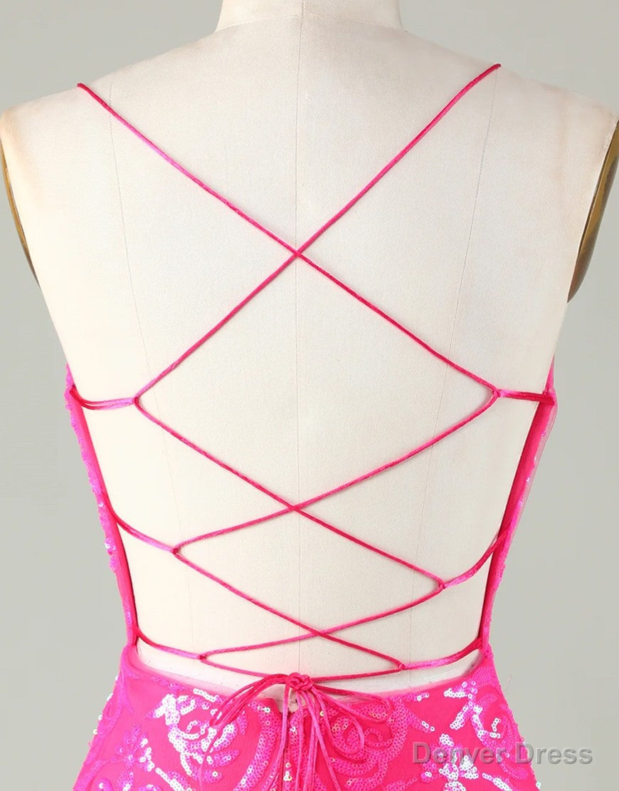 Sparkly Hot Pink Spaghetti Straps Tight Sequins Homecoming Dresses