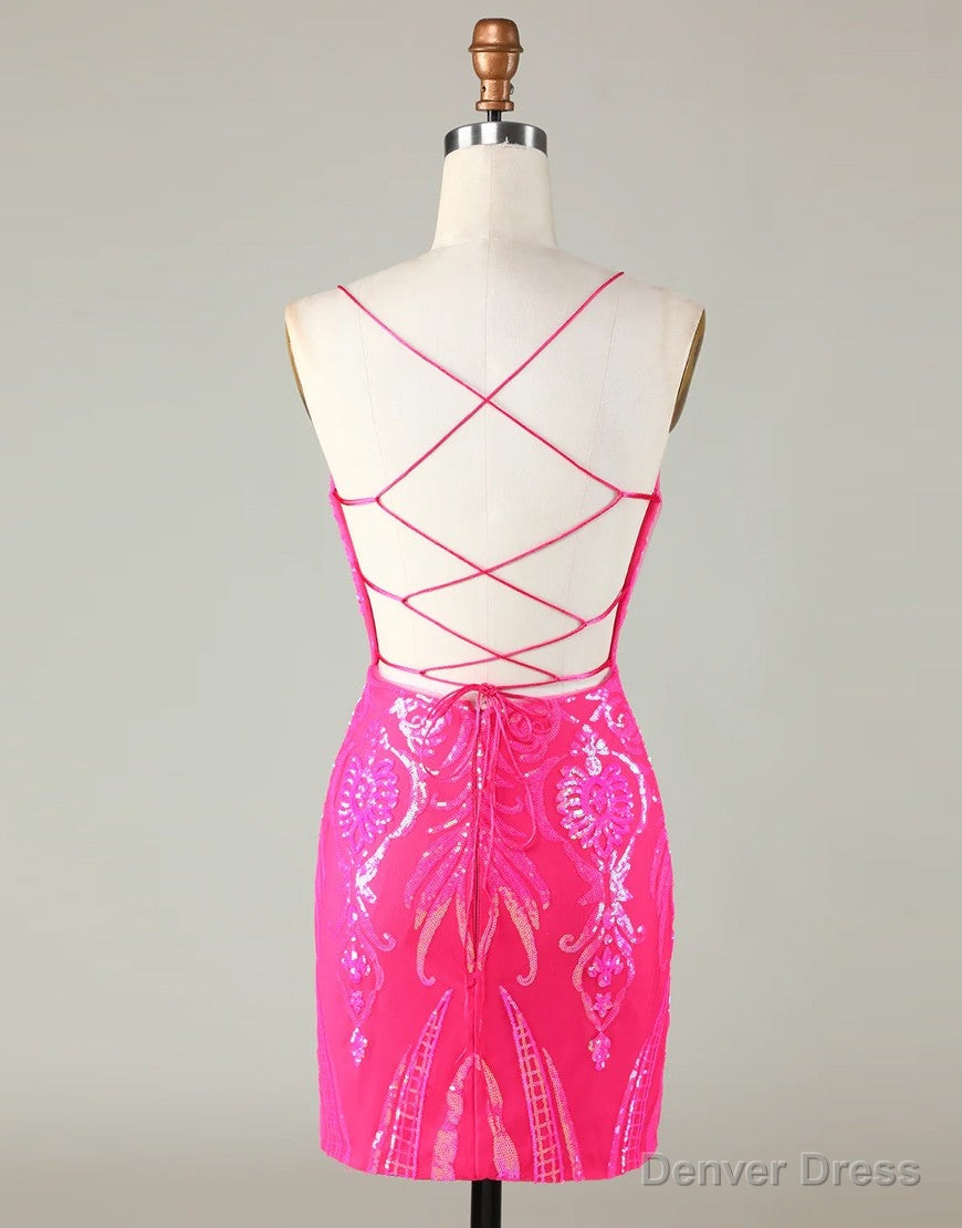 Sparkly Hot Pink Spaghetti Straps Tight Sequins Homecoming Dresses
