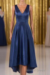 A Line Formal Satin V Neck High-Low Prom Dresses