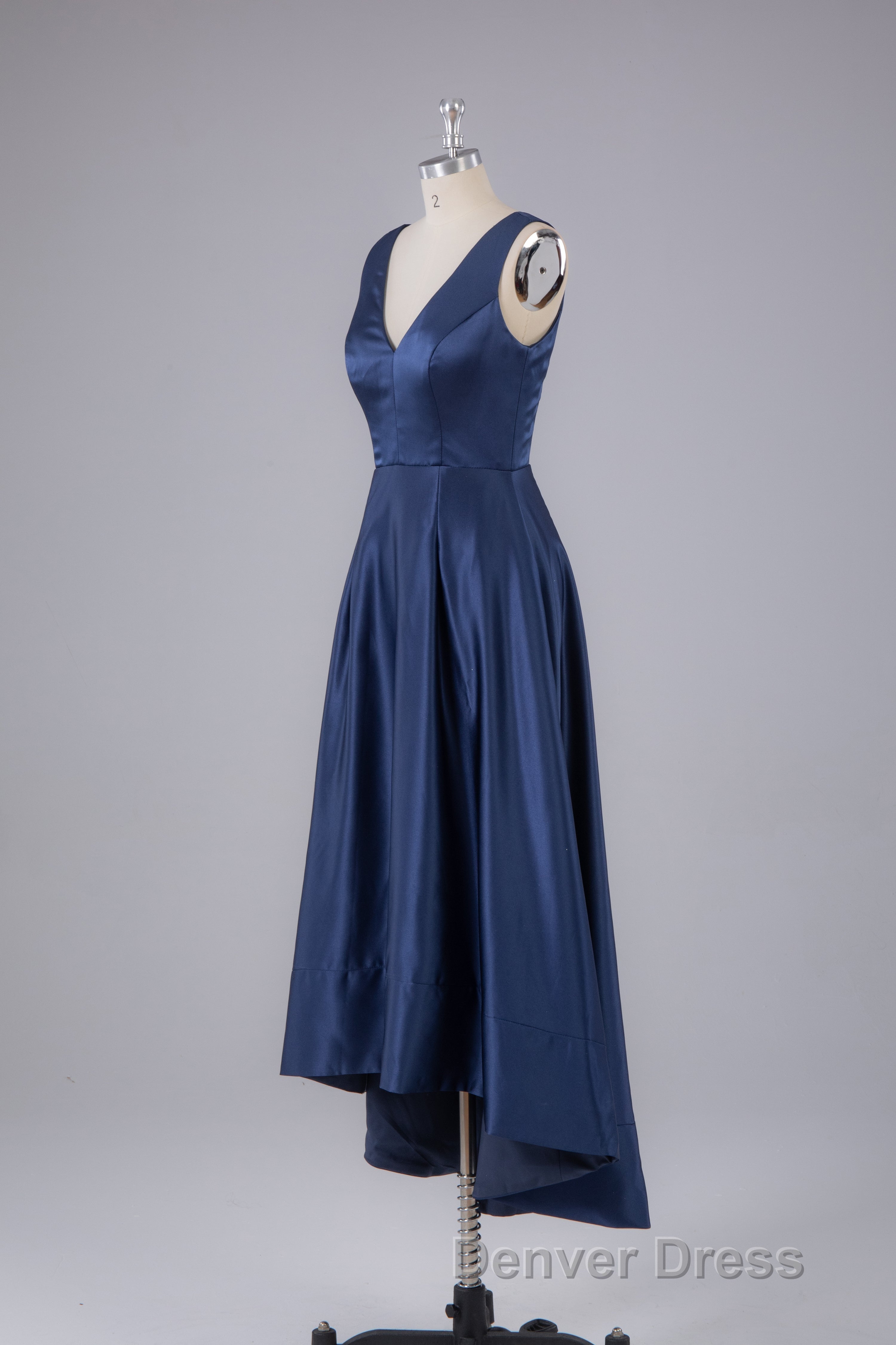 A Line Formal Satin V Neck High-Low Prom Dresses Secondary image